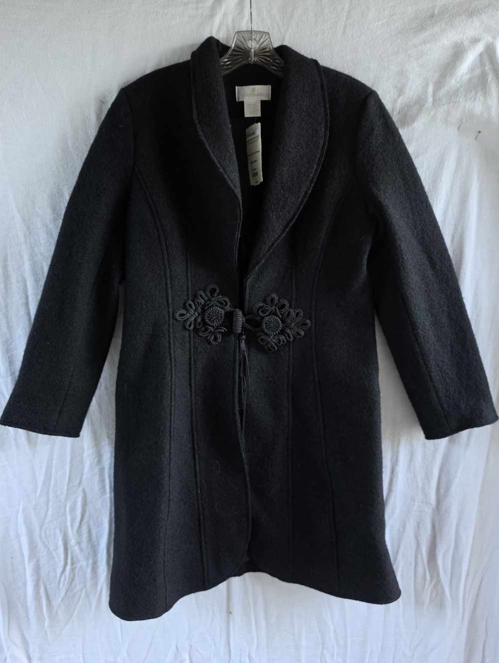 NWT Soft Surroundings Black Wool Shawl Collar Frog Closure Coat Women's Small